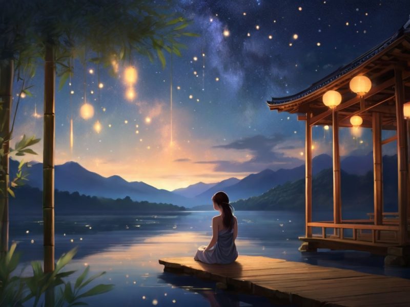 優しい月の光と流れ星と湖面を見る女性フリー素材イラスト