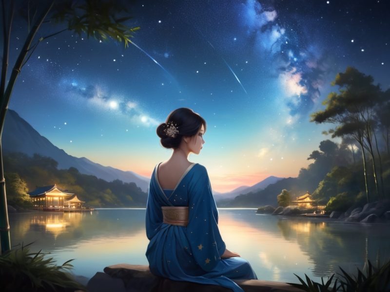 優しい月の光と流れ星と湖面を見る女性フリー素材イラスト
