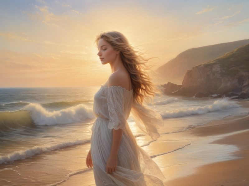 朝日を浴びて海岸沿いに立つ美しい女性フリー素材イラスト