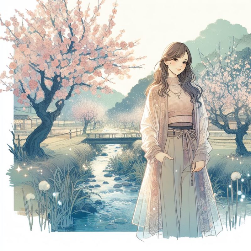 梅の木とコートを着た女性のフリーイラスト