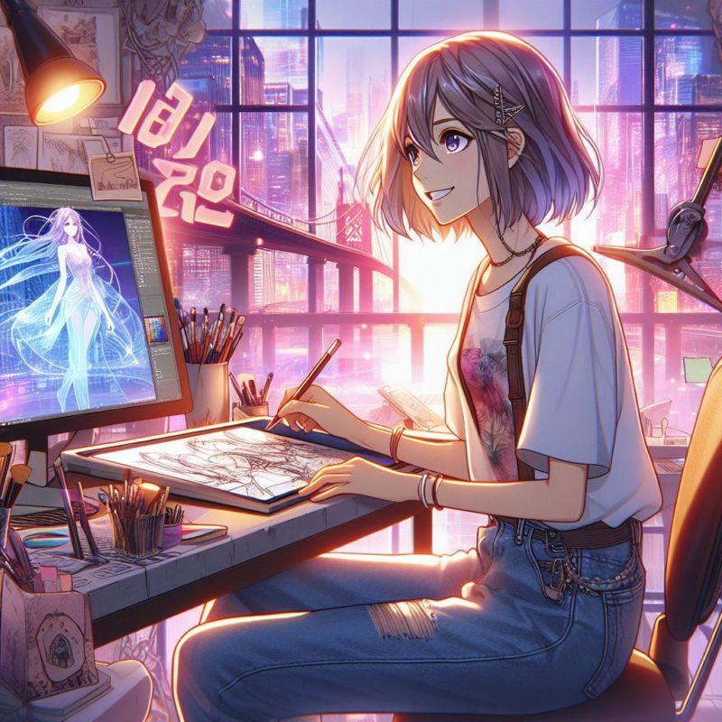 パソコンでイラストを描く女性のフリーイラスト