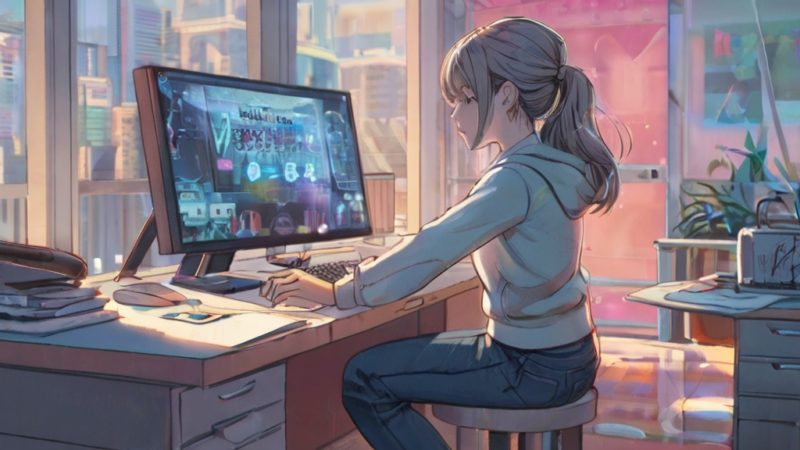 パソコンでイラストを描く女性のフリーイラスト背景都会
